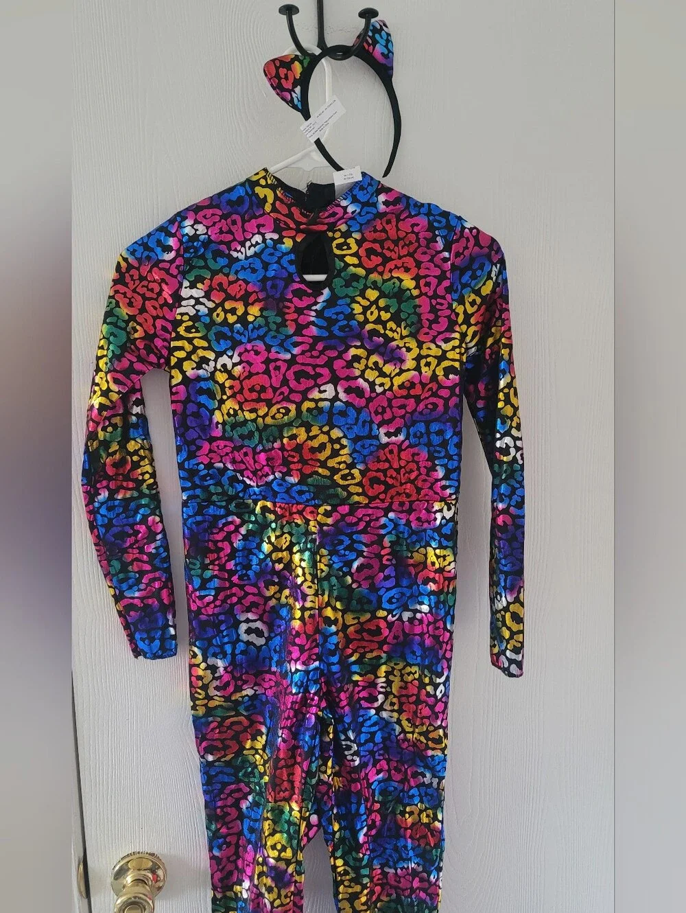Kid UNISEX Wild Cat Rainbow Foil Leopard Halloween Costume Jumpsuit Size 8